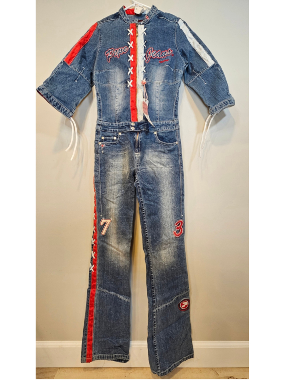 Pepe Jeans London Y2K Denim Racing Jumpsuit Medium 73 Motocross Flare NWT